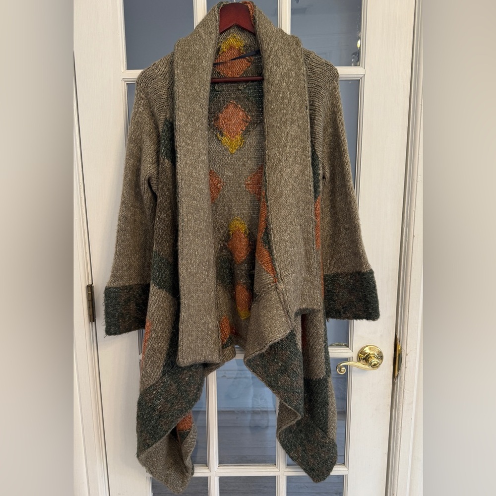 LINE Women's Aztec Print Long Cascade Open Front Cardigan Sweater Size L